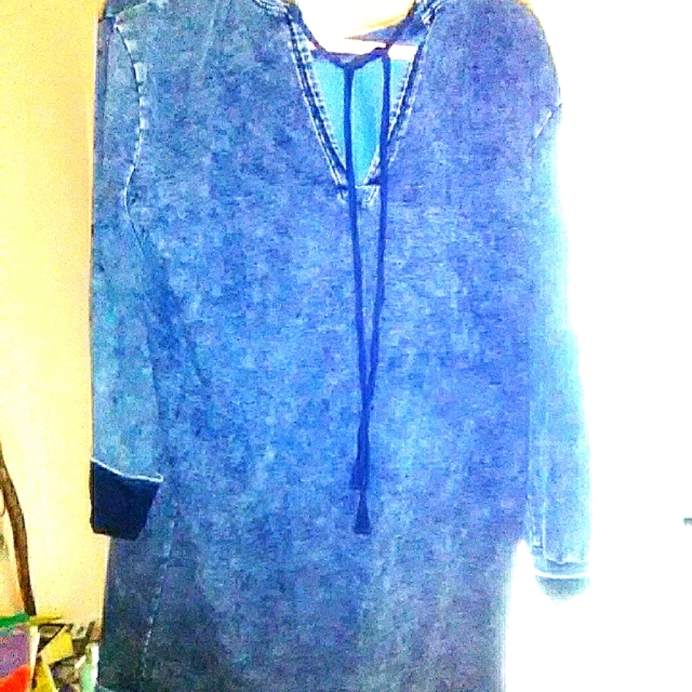 Denim look dress with backtie